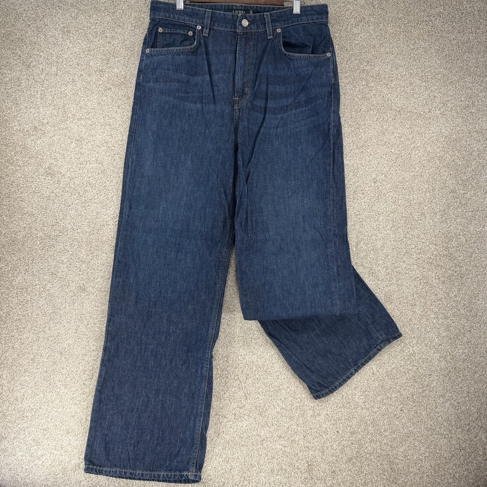 Ralph Lauren SZ 12 Black Label High Rise Relax Straight Wide Leg Dark Blue Denim